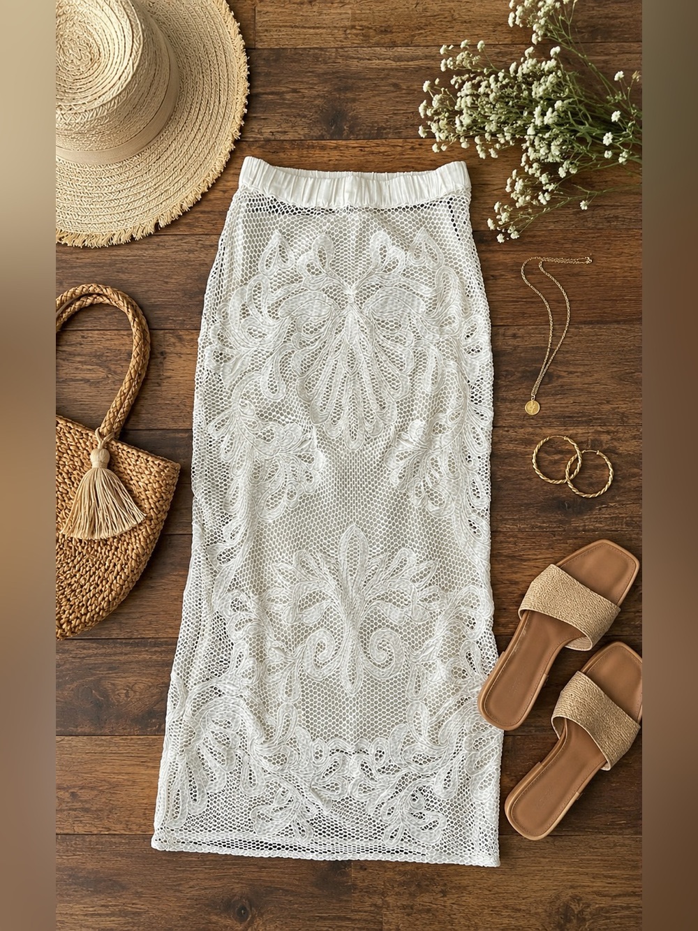 MISA Los Angeles Ivory Crochet Lace Mesh Midi Skirt XS NWT Boho Resort